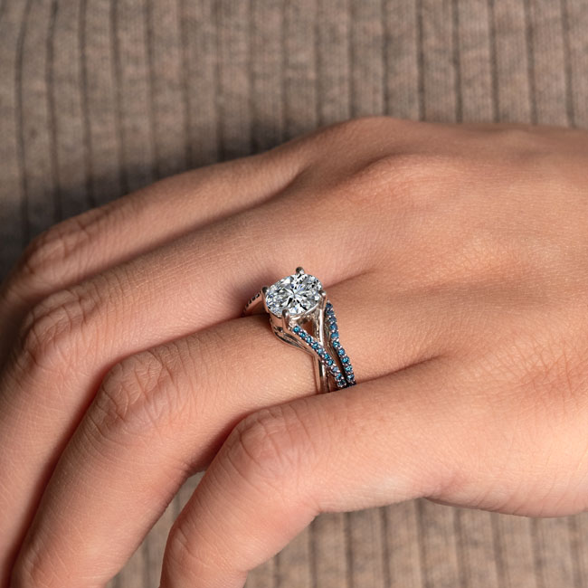  One Carat Oval Lab Diamond Bridal Set With Blue Diamonds Image 4