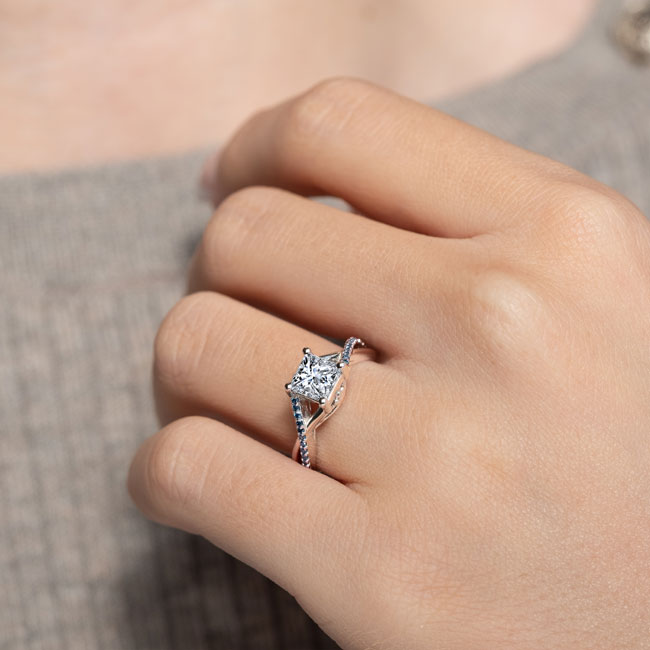 One Carat Princess Cut Moissanite Blue Diamond Accent Ring Image 3