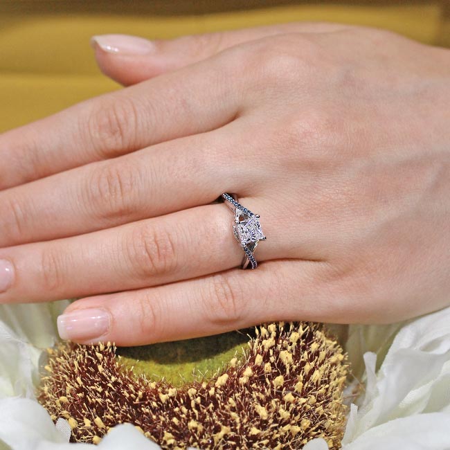  White Gold One Carat Princess Cut Moissanite Blue Diamond Accent Ring Image 4