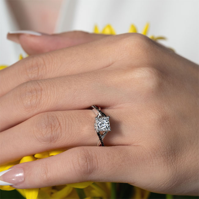 Platinum One Carat Princess Cut Moissanite Black Diamond Accent Ring Image 3