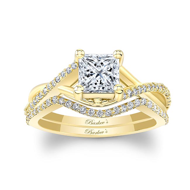  Yellow Gold One Carat Princess Cut Lab Grown Diamond Bridal Set Image 1