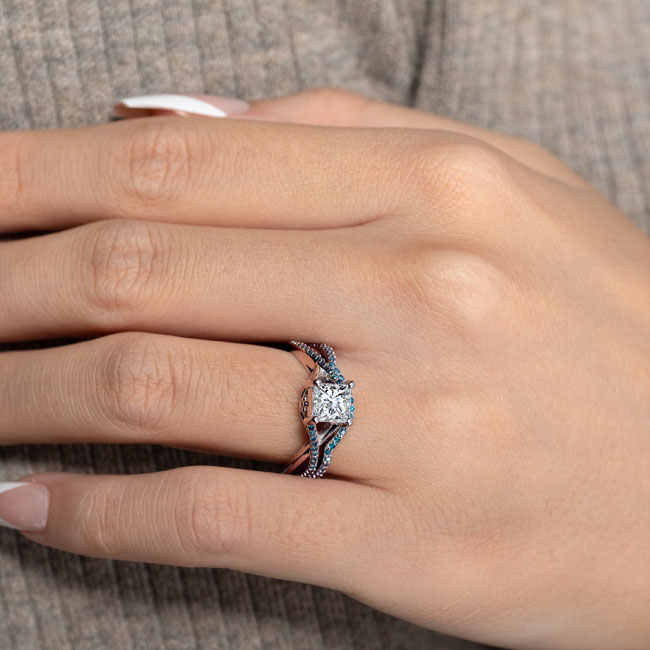  One Carat Princess Cut Lab Diamond Bridal Set With Blue Diamond Accents Image 3