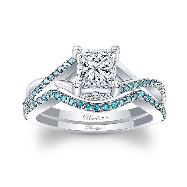 One Carat Princess Cut Blue Diamond Accent Bridal Set