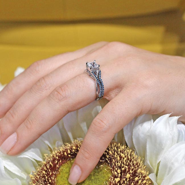  One Carat Princess Cut Moissanite Blue Diamond Accent Bridal Set Image 5