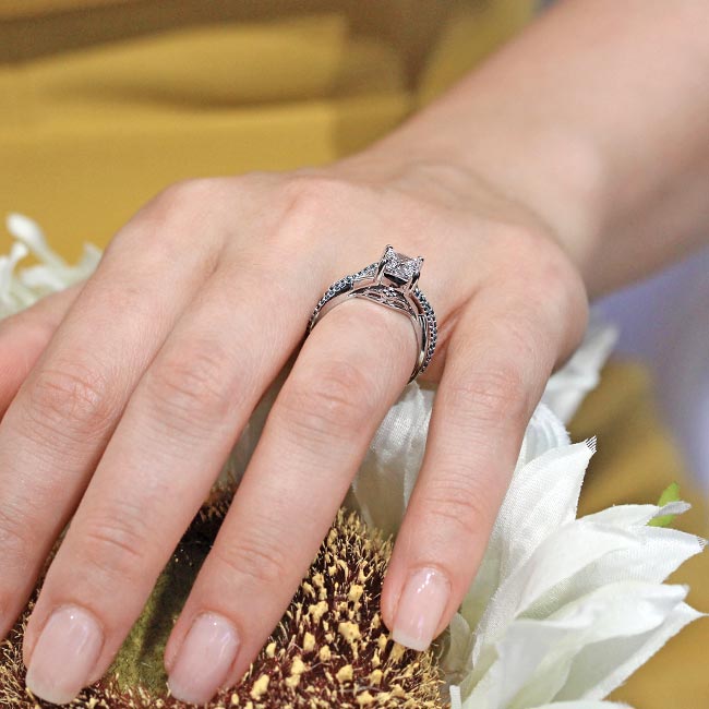  One Carat Princess Cut Moissanite Blue Diamond Accent Bridal Set Image 6