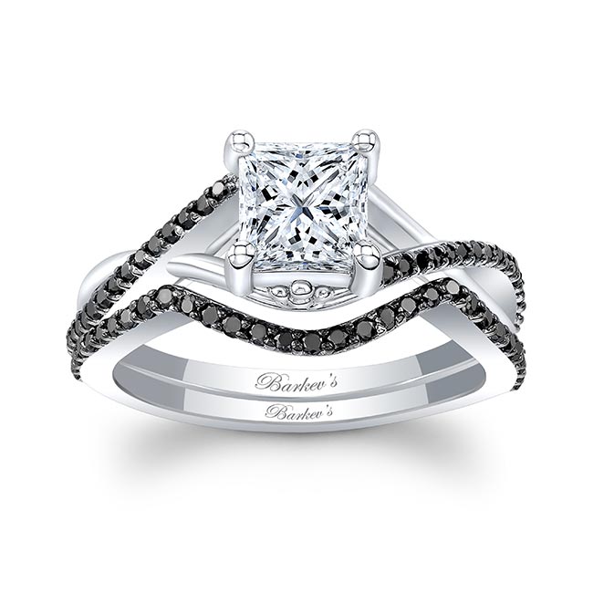 Platinum One Carat Princess Cut Moissanite Black Diamond Accent Bridal Set Image 1