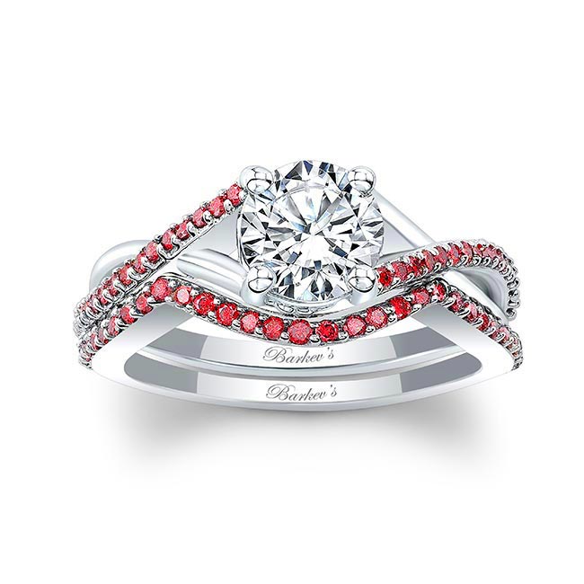 White Gold One Carat Moissanite Ruby Accent Bridal Set