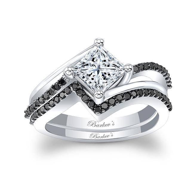  White Gold Princess Cut Lab Diamond Engagement Ring Set With Black Diamonds Image 1