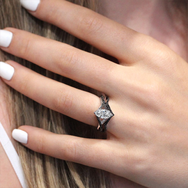  White Gold 1 Carat Marquise Lab Diamond Ring Set With Black Diamonds Image 3