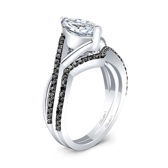  White Gold 1 Carat Marquise Lab Diamond Ring Set With Black Diamonds Image 2