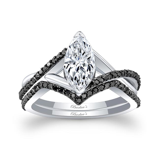  White Gold 1 Carat Marquise Lab Diamond Ring Set With Black Diamonds Image 1