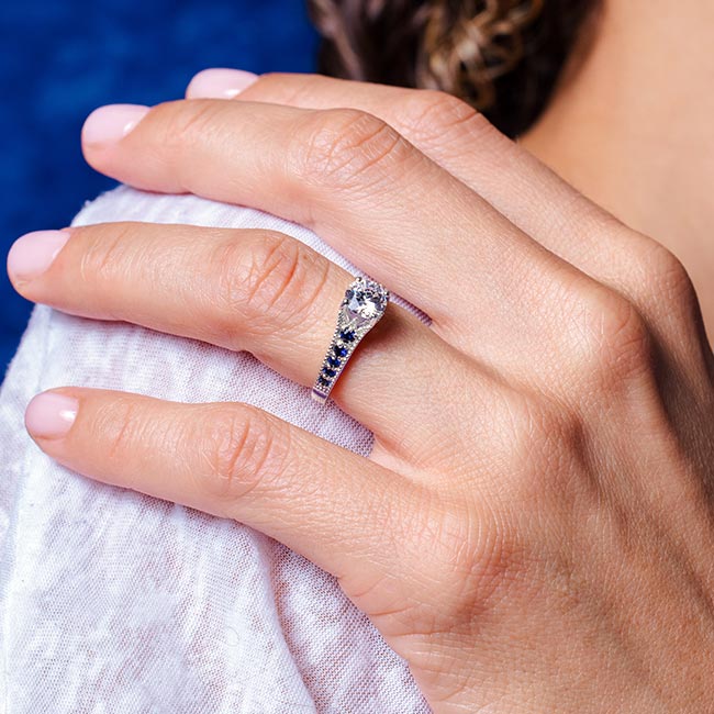 Platinum Moissanite Vintage Ring With Blue Sapphires Image 3