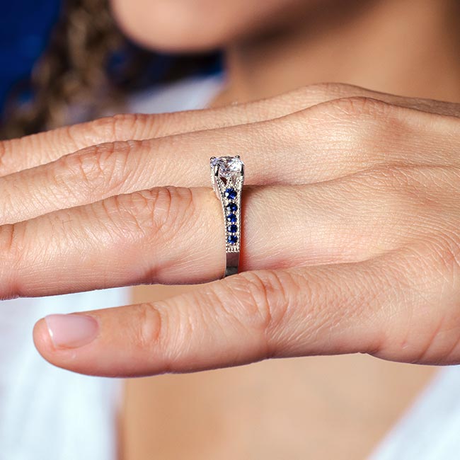 Platinum Moissanite Vintage Ring With Blue Sapphires Image 4