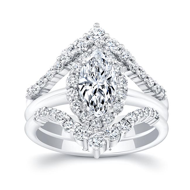 White Gold Marquise Cut Diamond Wedding Set With 2 Bands