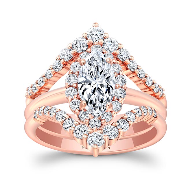 Rose Gold Marquise Cut Diamond Wedding Set With 2 Bands