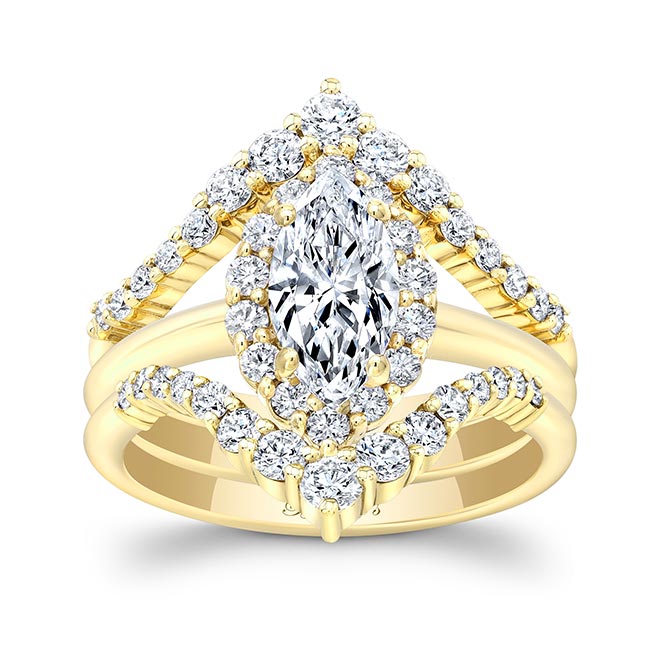 Yellow Gold Marquise Cut Diamond Wedding Set With 2 Bands