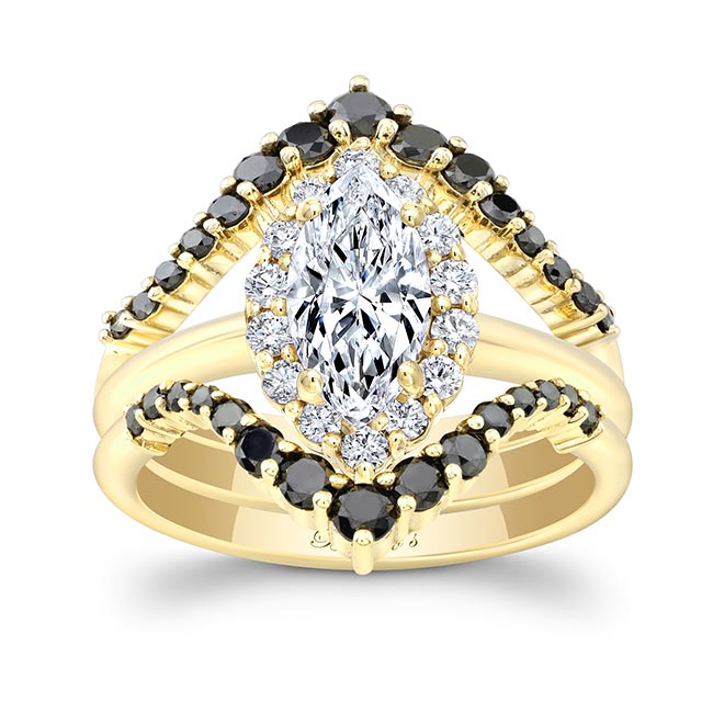 Yellow Gold Marquise Cut Moissanite Wedding Set With 2 Black Diamond Bands
