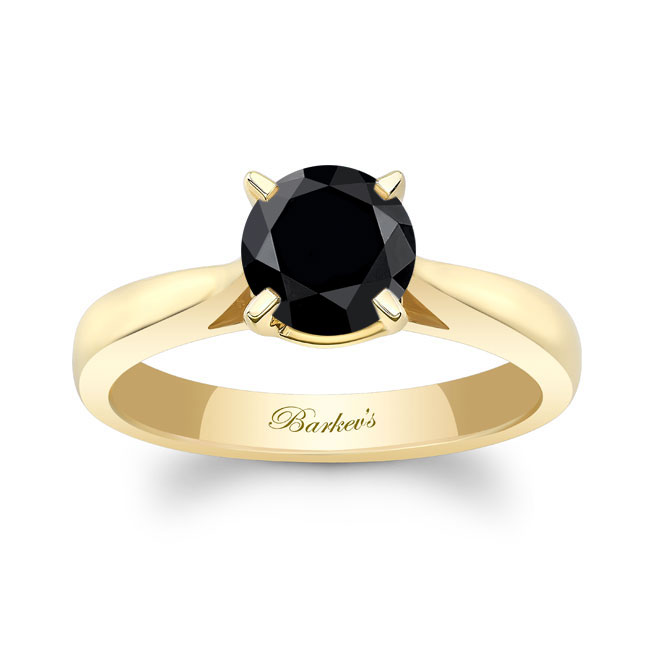  Yellow Gold Round Black Diamond Solitaire Engagement Ring Image 1