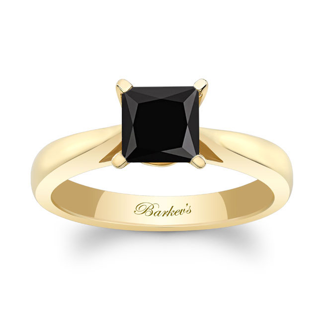  Yellow Gold Princess Cut Black And White Diamond Solitaire Ring Image 1