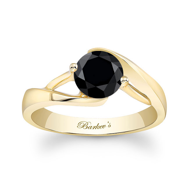 Yellow Gold Split Band Solitaire Black Diamond Engagement Ring