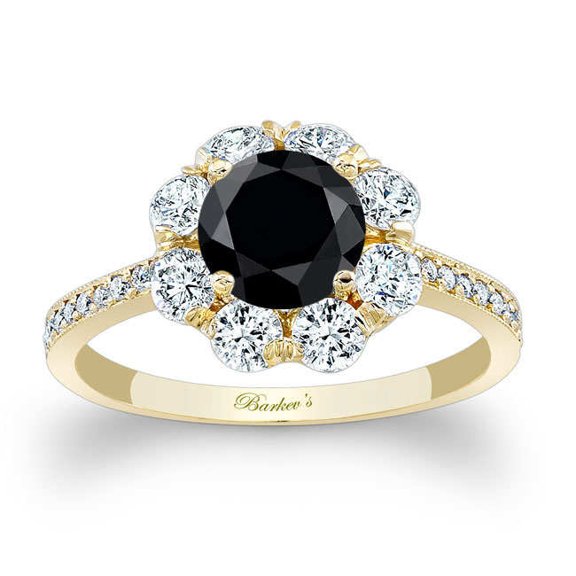  Yellow Gold 1 Carat Black And White Diamond Halo Ring Image 1