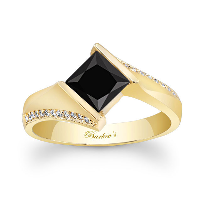  Yellow Gold Princess Cut Square Black And White Diamond Ring Image 1