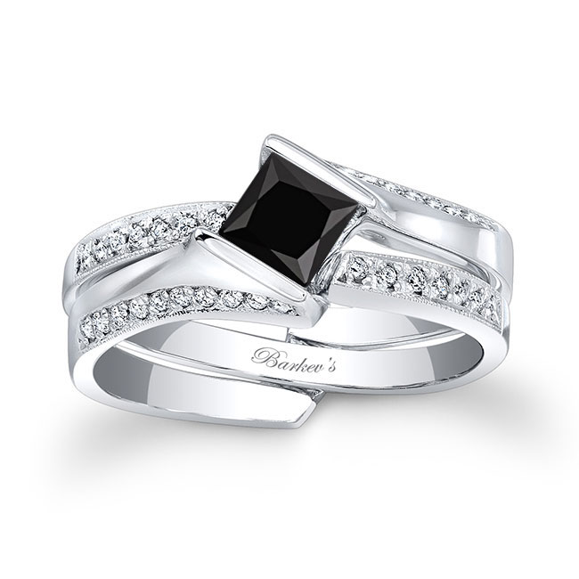  Half Carat Princess Black And White Diamond Interlock Bridal Set Image 1