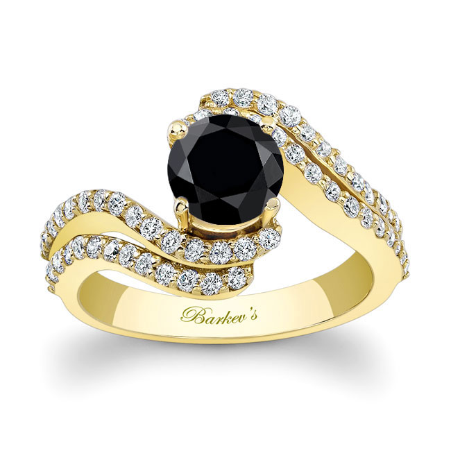 Yellow Gold Swirl Black And White Diamond Engagement Ring