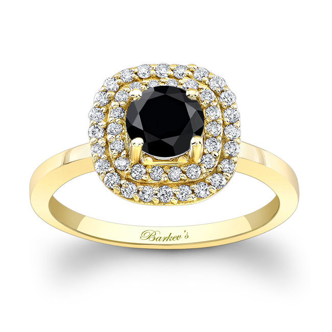 Yellow Gold Double Halo Black And White Diamond Engagement Ring