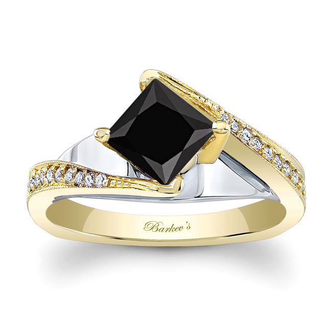 Yellow Gold 1 Carat Princess Cut Black And White Diamond Engagement Ring