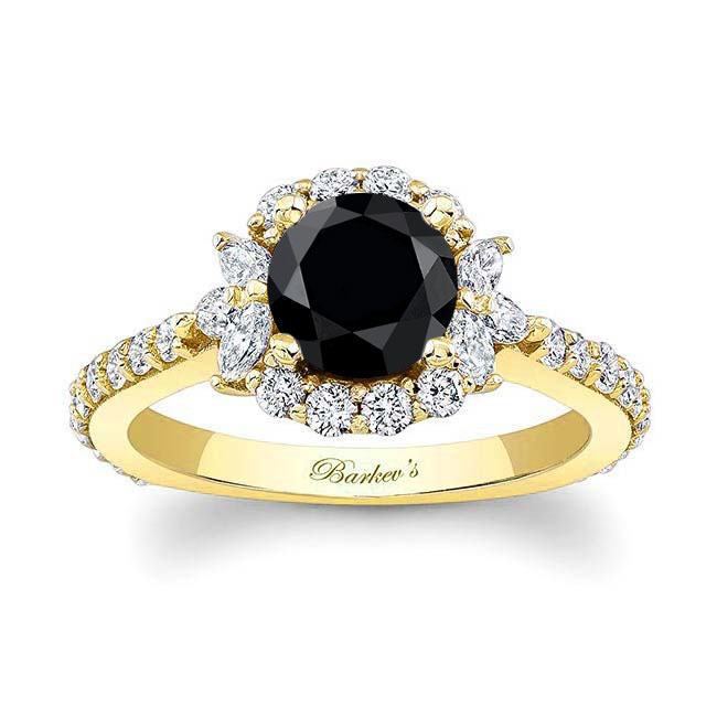 Yellow Gold Marquise Halo Black And White Diamond Ring