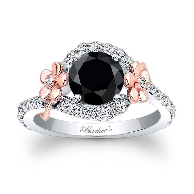 White Rose Gold Black And White Diamond Flower Engagement Ring