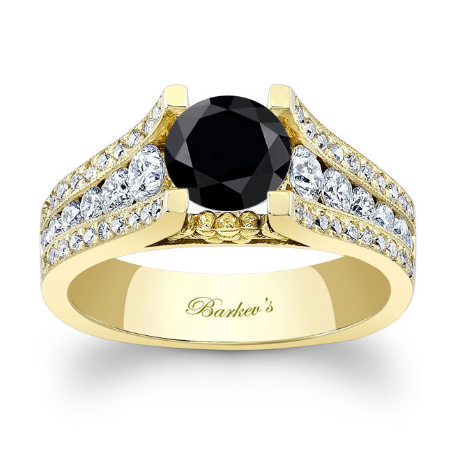 Yellow Gold 3 Row Pave Black And White Diamond Ring