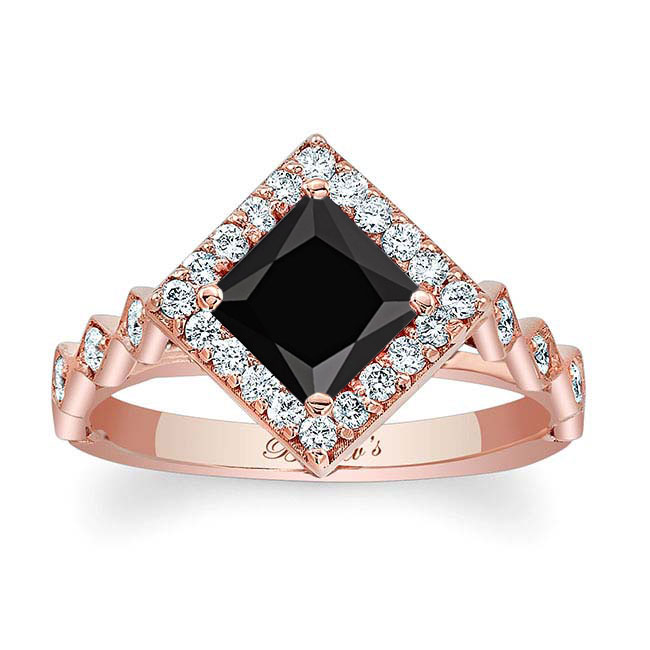 Rose Gold Vintage Princess Cut Black And White Diamond Halo Ring