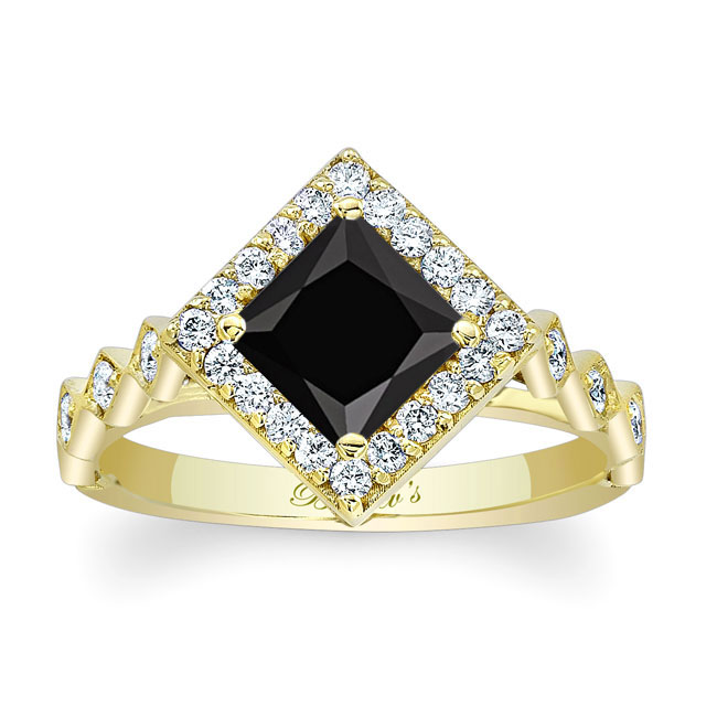 Yellow Gold Vintage Princess Cut Black And White Diamond Halo Ring