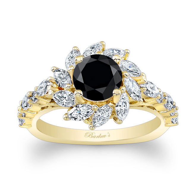  Yellow Gold Black And White Diamond Sunflower Engagement Ring Image 1