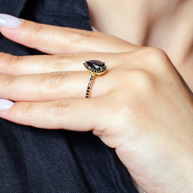 Yellow Gold Black Diamond Pear Shaped Ring Image 4