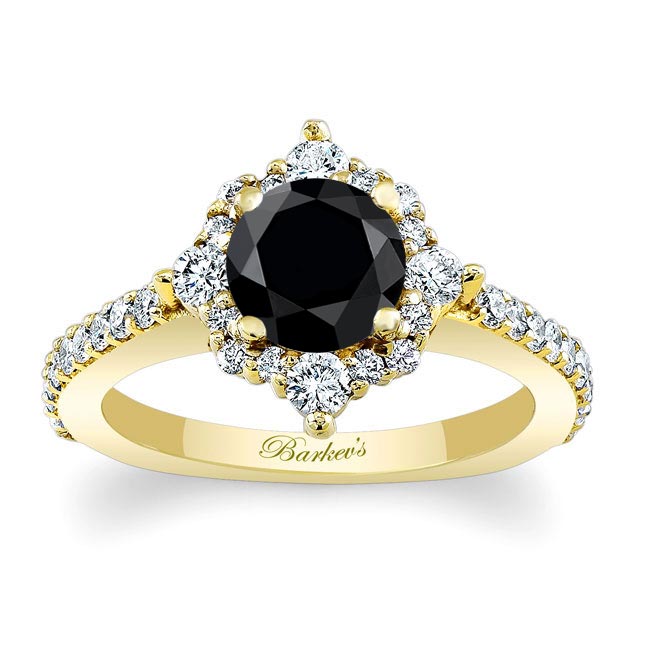 Yellow Gold Classic Halo Black And White Diamond Engagement Ring