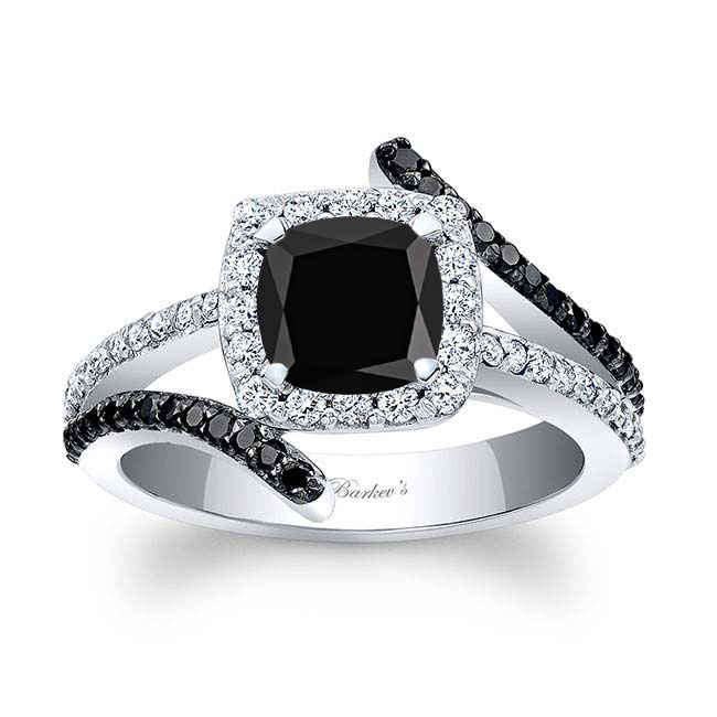  White Gold Cushion Cut Halo Black Diamond Ring Image 1