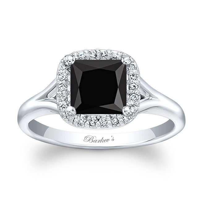  White Gold Princess Cut Black And White Diamond Halo Ring Image 1