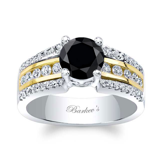 White Yellow Gold Round Black And White Diamond Channel Set Engagement Ring