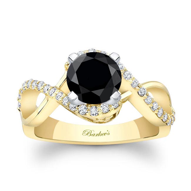 Yellow Gold Black And White Diamond Infinity Twist Engagement Ring