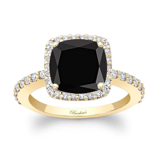 Yellow Gold 2 Carat Cushion Cut Black And White Diamond Halo Engagement Ring