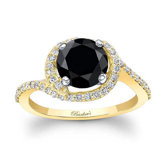  Yellow Gold Black And White Diamond Half Halo Engagement Ring Image 1