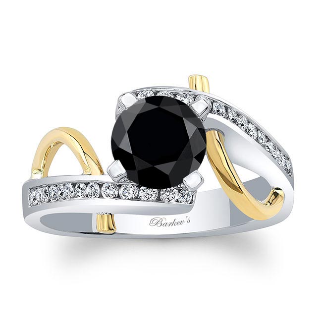 White Yellow Gold Curved Trim Black And White Diamond Engagement Ring