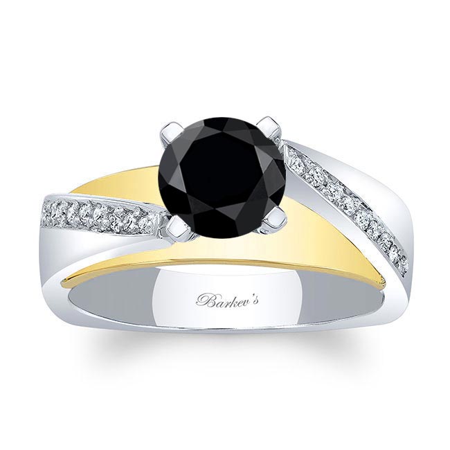 White Yellow Gold Split Shank Pave Black And White Diamond Engagement Ring