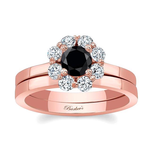 Rose Gold Halo Black And White Diamond Solitaire Wedding Ring Set