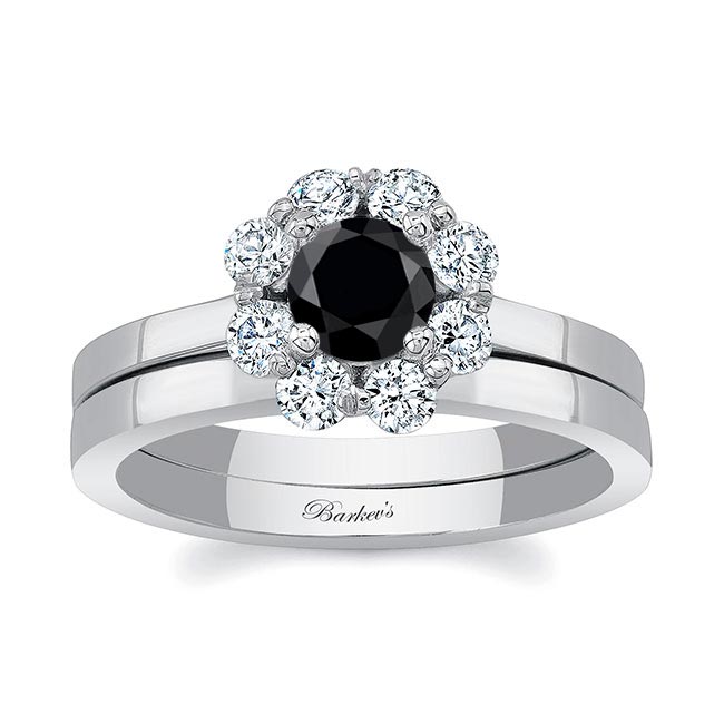 Halo Black And White Diamond Solitaire Wedding Ring Set