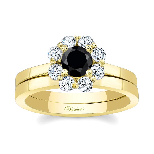 Yellow Gold Halo Black And White Diamond Solitaire Wedding Ring Set