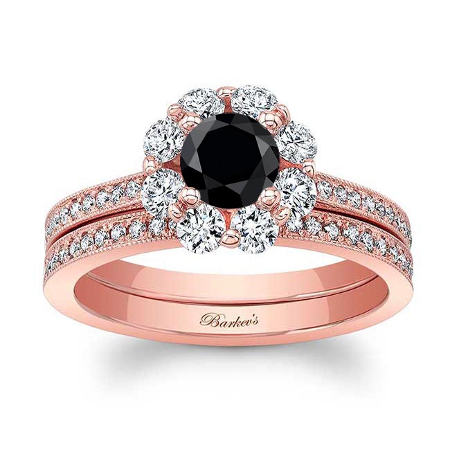 Rose Gold Halo Black And White Diamond Ring Set